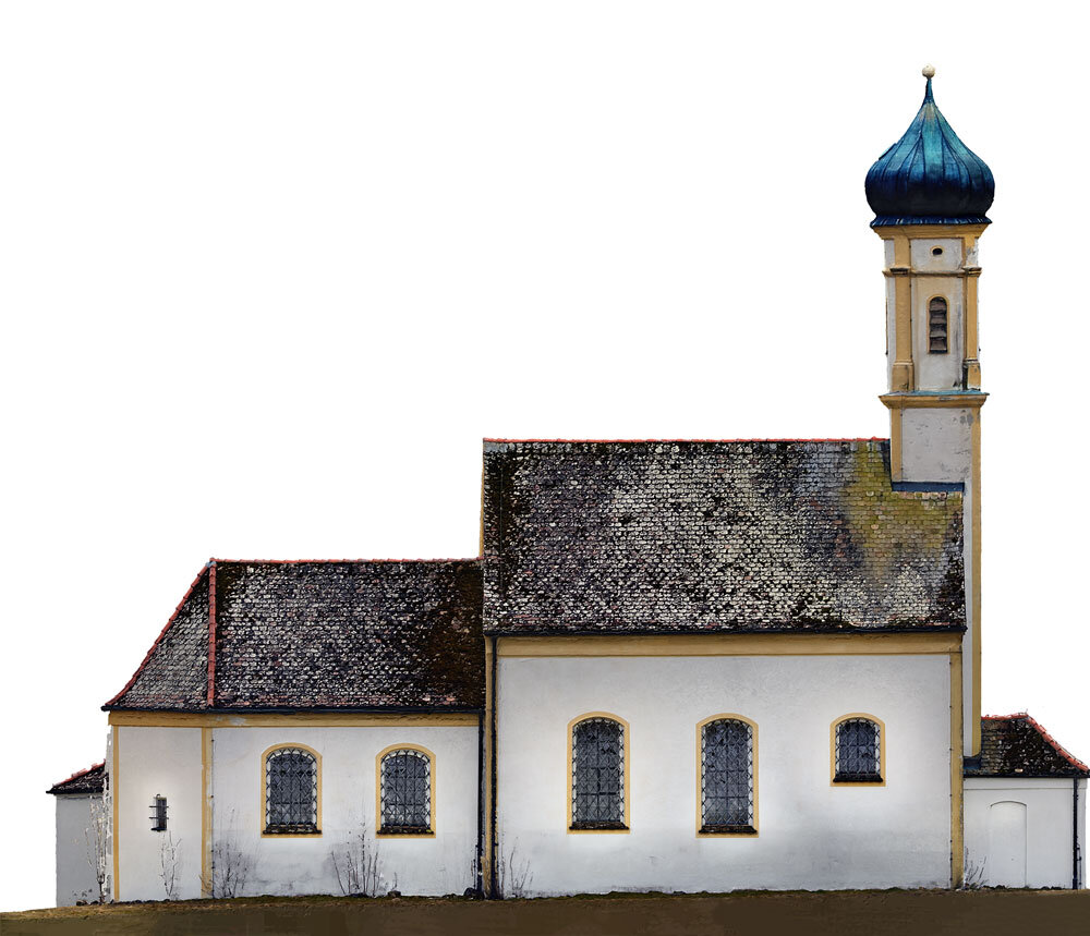 Erfassung von Bilddaten für die Kapelle in Raisting am Ammersee mithilfe von Photogrammetrie. Verwendung von RealityCapture zur Erstellung eines 3D-Modells und Twinsity "Twinspect" für die Mängelerfassung und Berichterstellung.